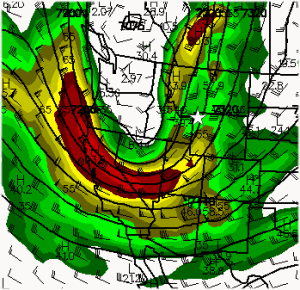 GFS forecast model showing the 400mb jet digging into the intermountain west.  This structure supports a big storm and will likely close off a big cyclone near Yellowstone... just in time for day #1 of my trip!  This is a 132hr forecast valid 6am MDT 9/16